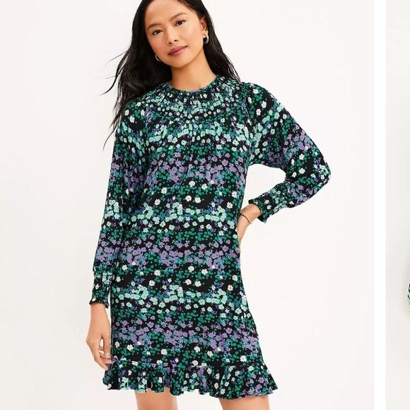 LOFT Floral Smocked Flounce‎ Dress Long Sleeve Black Green Purple Medium Tall - Picture 1 of 11